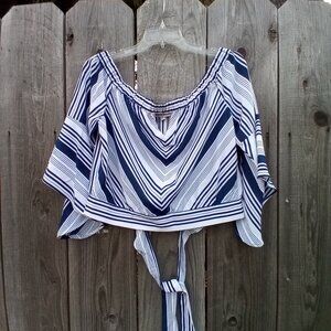 JEALOUS TOMATO TOP JUNIORS SZ L BLUE STRIPED PULLOVER OFF SHOULDERS BELL SLEEVE